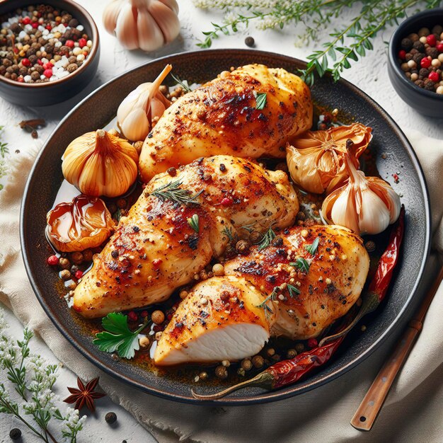 baked chicken fillet pieces with spices and herbs in a plate on a white background