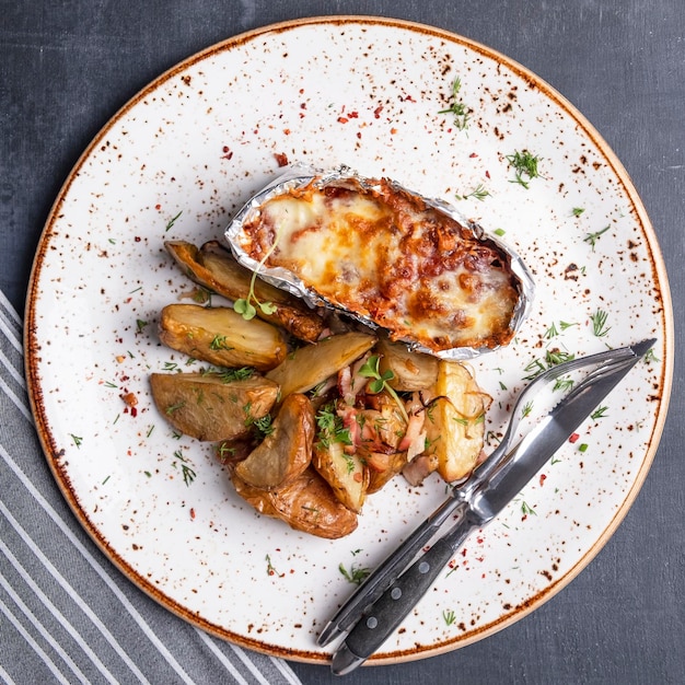 Baked chicken fillet with tomatoes mozzarella Top view