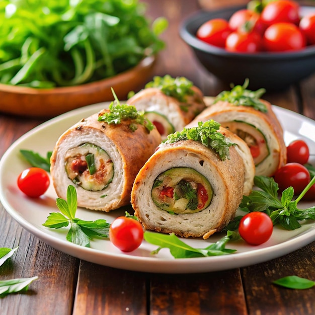 Photo baked chicken rolls stuffed with liver chili and herbs served with a tomato and arugula salad