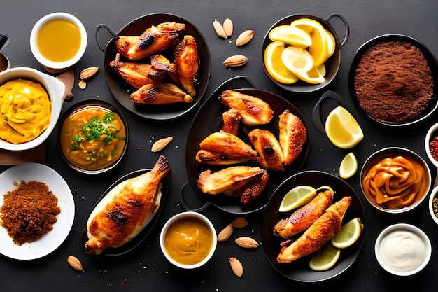 Baked chicken wings served with different sauces and lemon Black background