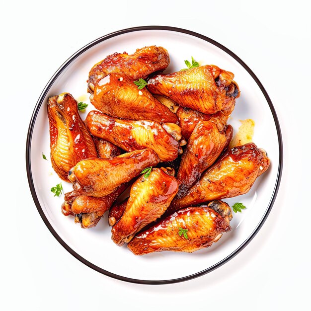 baked chicken wings on white plate top view isolated on white background