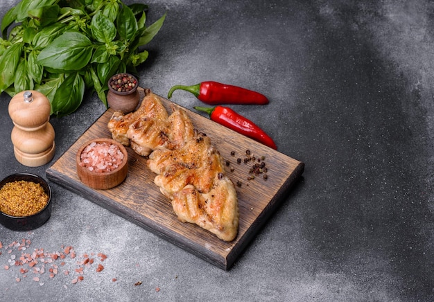 Baked chicken wings with sesame seeds and sauce on a wooden cutting board