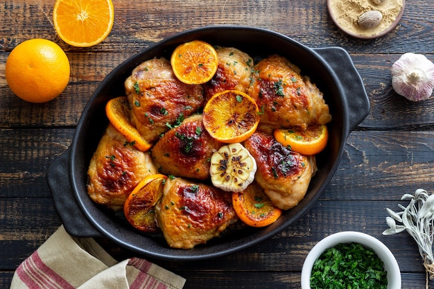 Baked chicken with oranges, garlic and mint. Recipe.