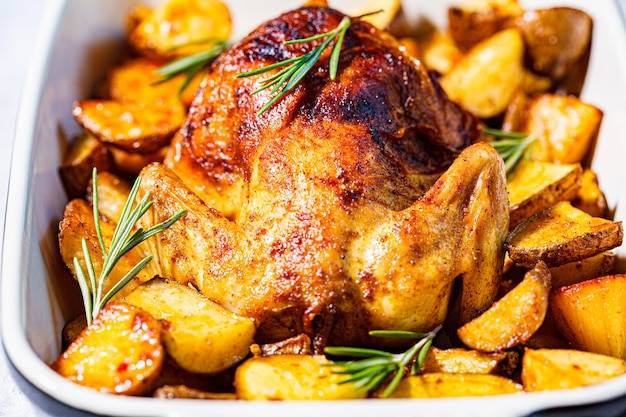 Baked chicken with potatoes and rosemary in a black dish,