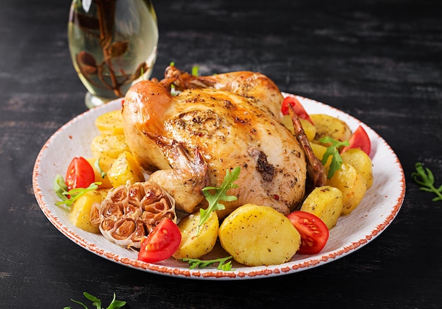 Baked chicken with potatoes in a white plate. Dark background.