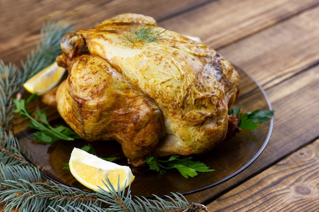 Baked chicken on wood