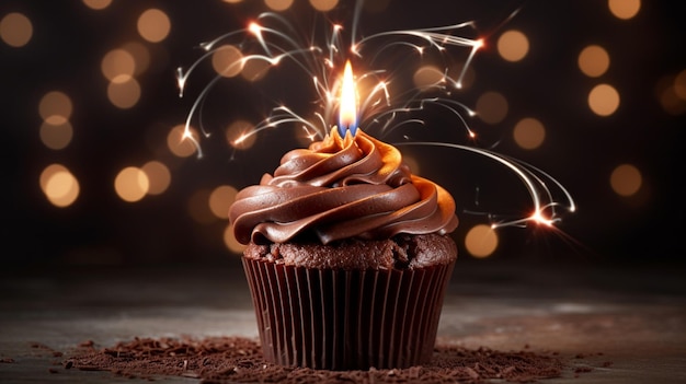 baked chocolate cupcake with sweet icing and burning cand