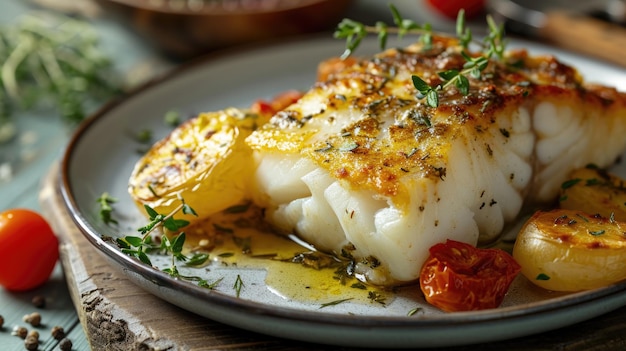 Baked cod fish fillet with spices herbs and cherry tomatoes on a dark plate gourmet seafood concept