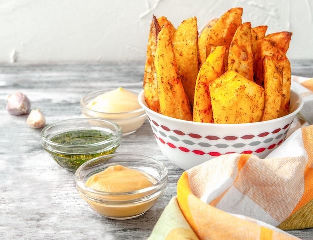 Baked country style potatoes with herbs in a bowl With cheese sauce mustard and pesto A slice of potatoes on a fork in the sauce Wooden gray background Closeup