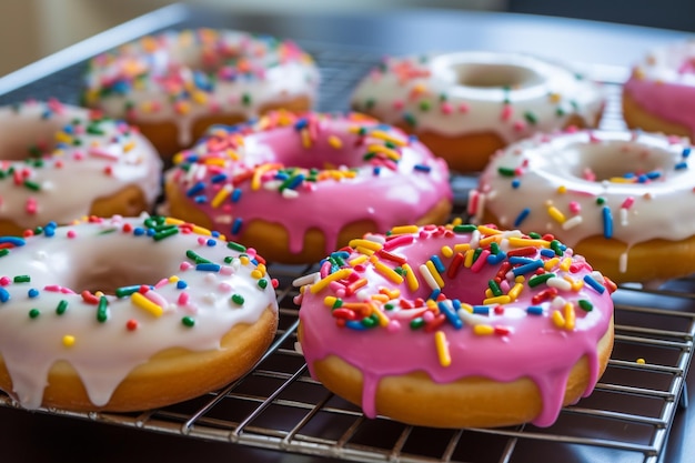 Baked donuts with a light vanilla glaze and rainbow sprinkles