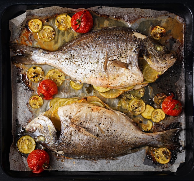 Baked dorado fish with vegetables on baking sheet Top view above