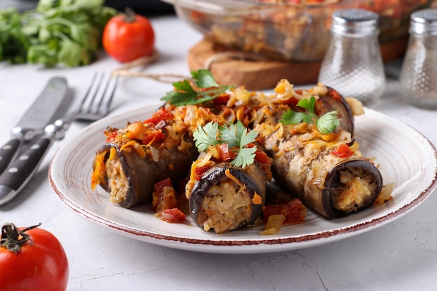 Baked eggplant rolls with chicken, onions and carrots in plate on gray background. Close-up. Horizontal format