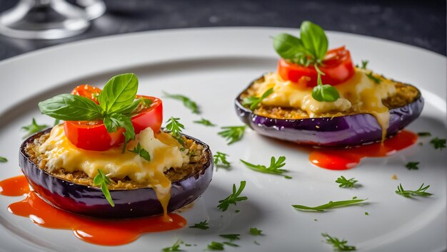 Photo baked eggplant with cheese and tomatoes