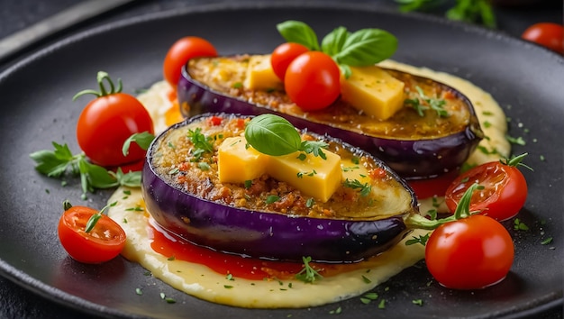 Photo baked eggplant with cheese and tomatoes