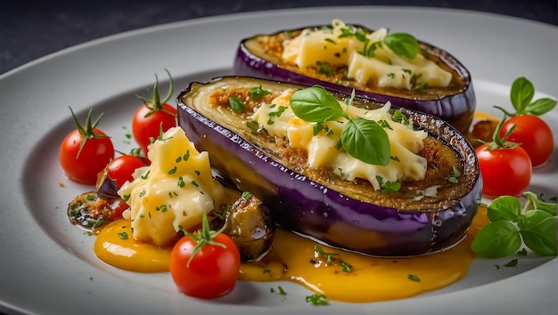 Photo baked eggplant with cheese and tomatoes