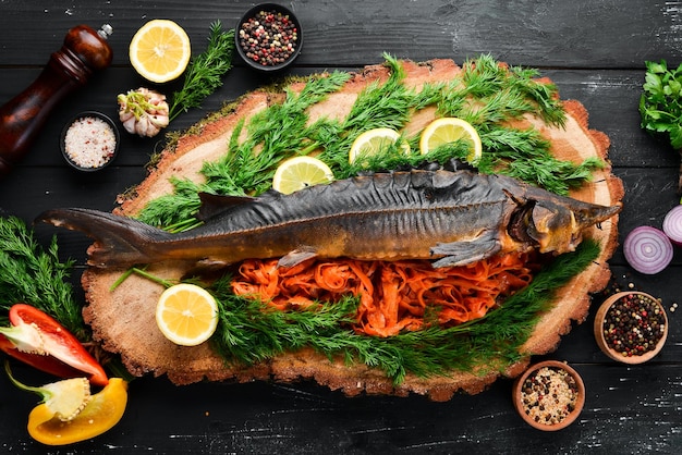 Baked Fish Sturgeon with Vegetables Top view Free space for your text Rustic style