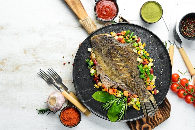 Photo baked flounder fish with vegetables on a black stone plate seafood top view free space for your text