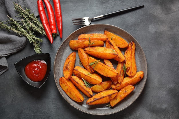 Baked fried  potato  wedges with spices and rosemary