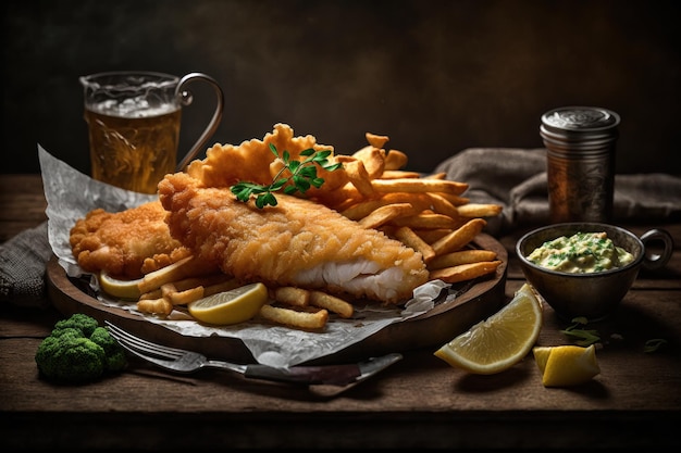 Baked fried traditional fish and chips dish with sauce