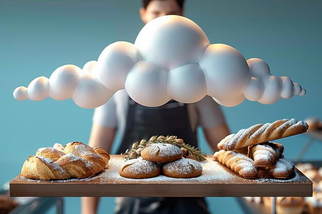 Photo baked goods displayed under floating cloud decor