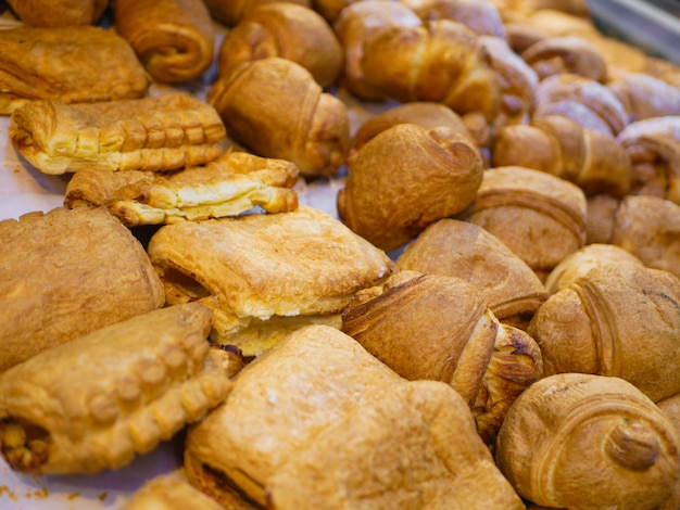 Baked goods in a retail store. Variety of baked goods, bakery, photo icon for basic food, freshness and variety of goods. Nutrition, pastry.