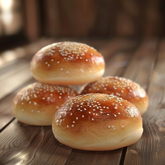 Baked goods staple hamburger buns on wooden tabled