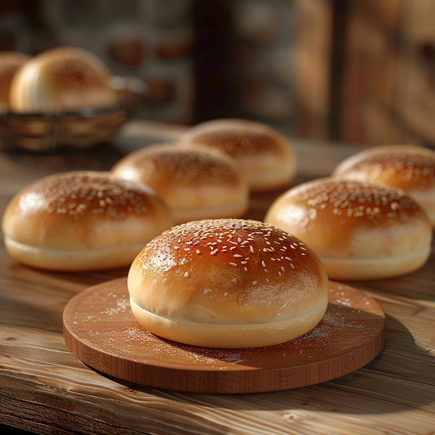 Baked goods staple hamburger buns on wooden tabled