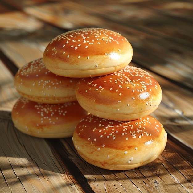 Baked goods staple hamburger buns on wooden tabled