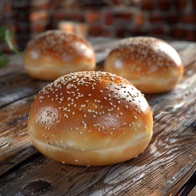 Baked goods staple hamburger buns on wooden tabled