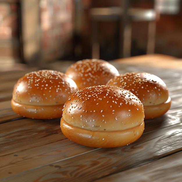 Baked goods staple hamburger buns on wooden tabled