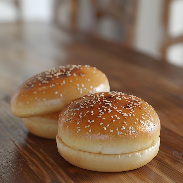 Baked goods staple hamburger buns on wooden tabled