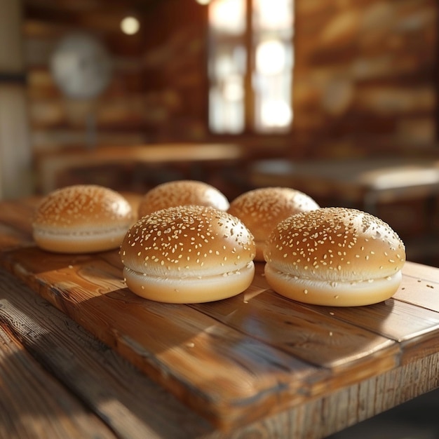 Baked goods staple hamburger buns on wooden tabled