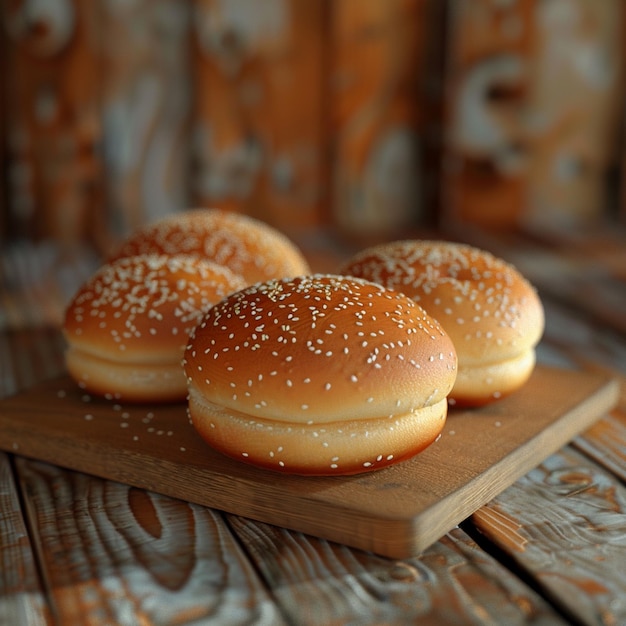 Baked goods staple hamburger buns on wooden tabled