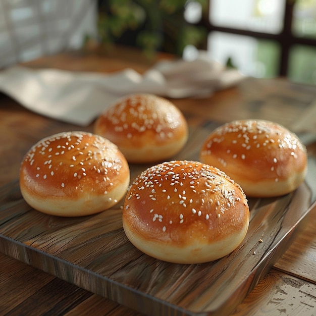 Baked goods staple hamburger buns on wooden tabled