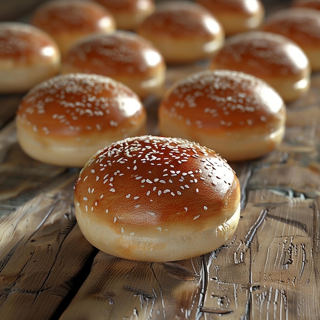 Baked goods staple hamburger buns on wooden tabled