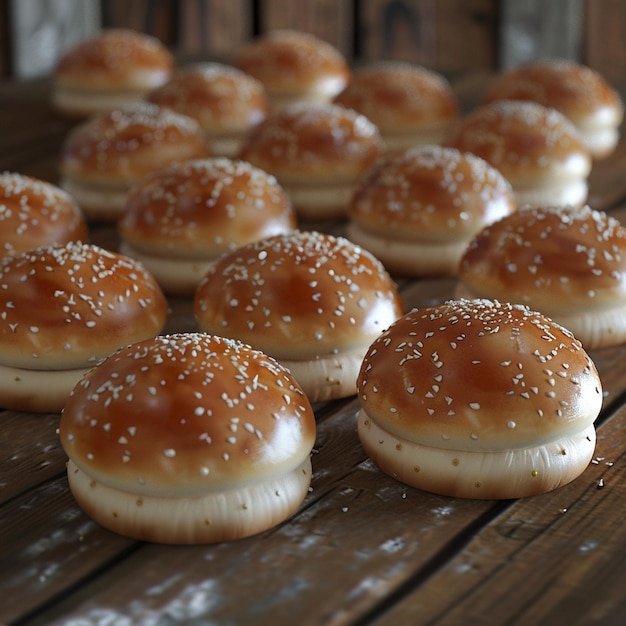 Baked goods staple hamburger buns on wooden tabled