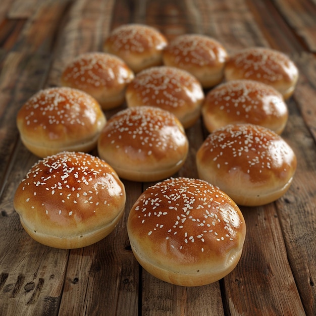 Baked goods staple hamburger buns on wooden tabled