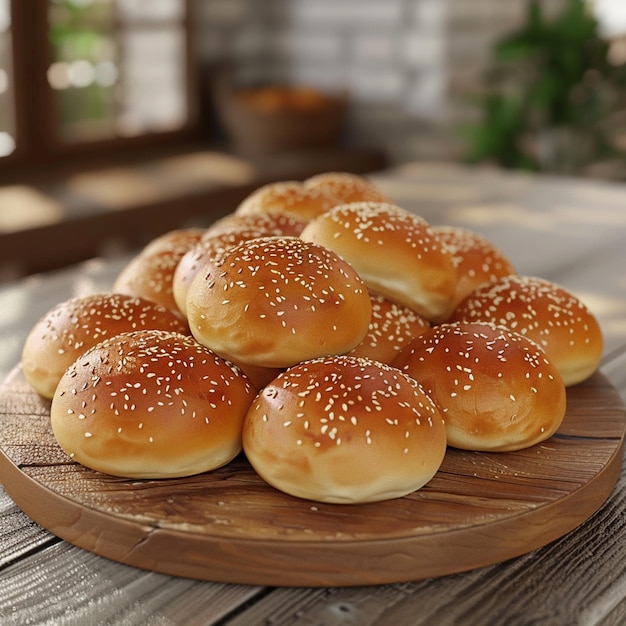 Baked goods staple hamburger buns on wooden tabled