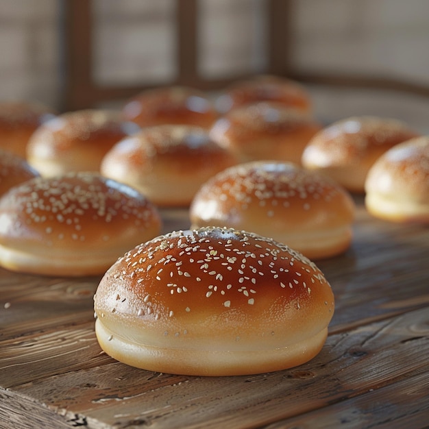 Baked goods staple hamburger buns on wooden tabled