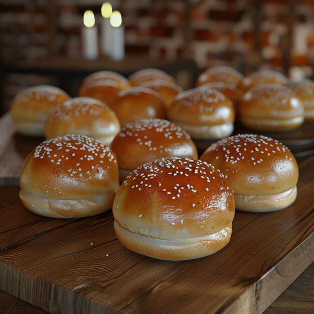 Baked goods staple hamburger buns on wooden tabled