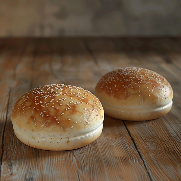 Baked goods staple hamburger buns on wooden tabled