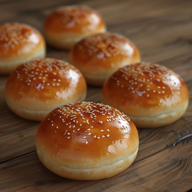 Baked goods staple hamburger buns on wooden tabled