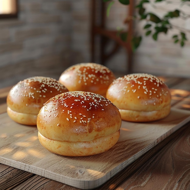 Baked goods staple hamburger buns on wooden tabled