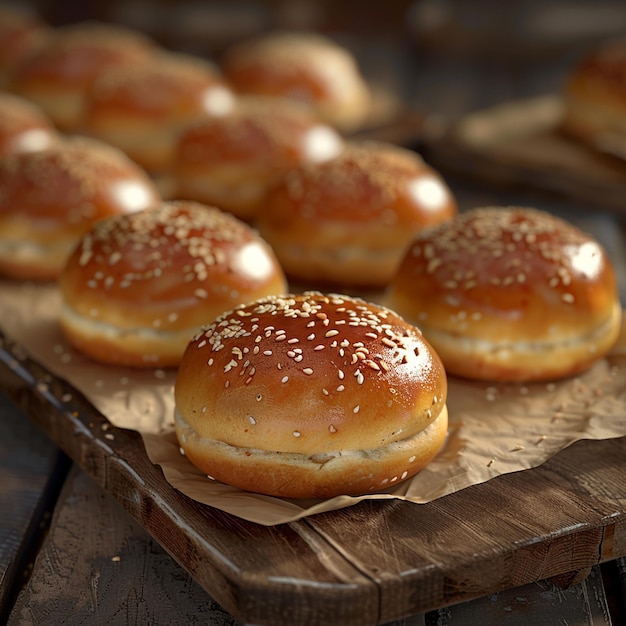 Baked goods staple hamburger buns on wooden tabled