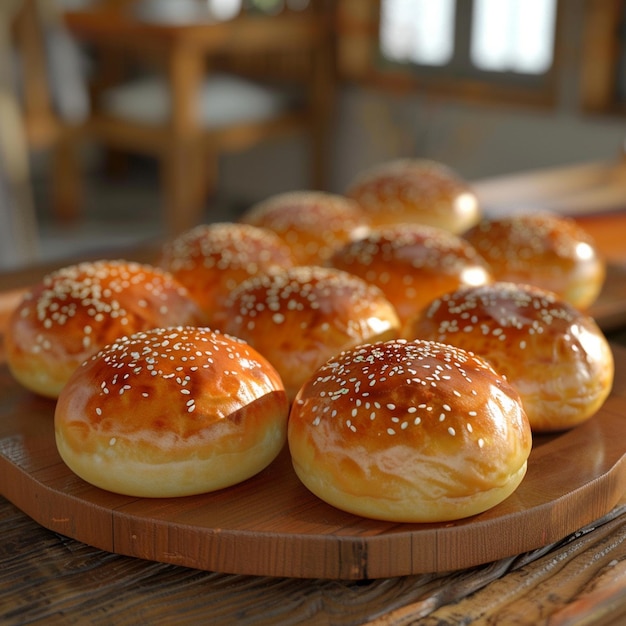 Baked goods staple hamburger buns on wooden tabled