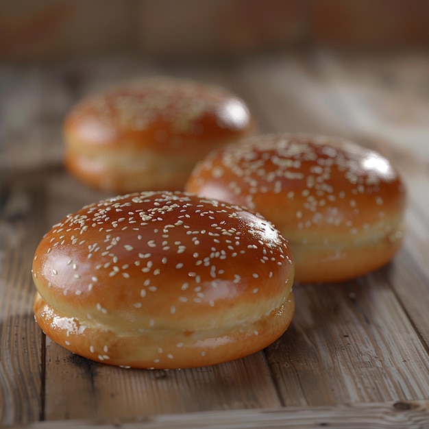 Baked goods staple hamburger buns on wooden tabled