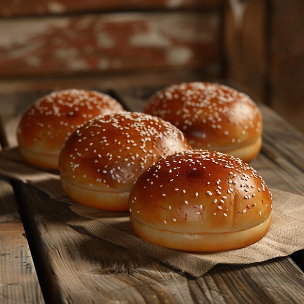 Baked goods staple hamburger buns on wooden tabled