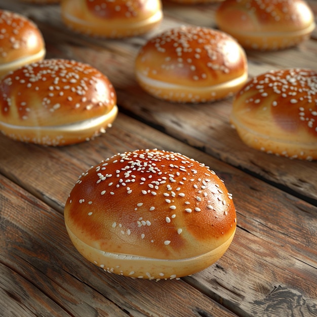 Baked goods staple hamburger buns on wooden tabled