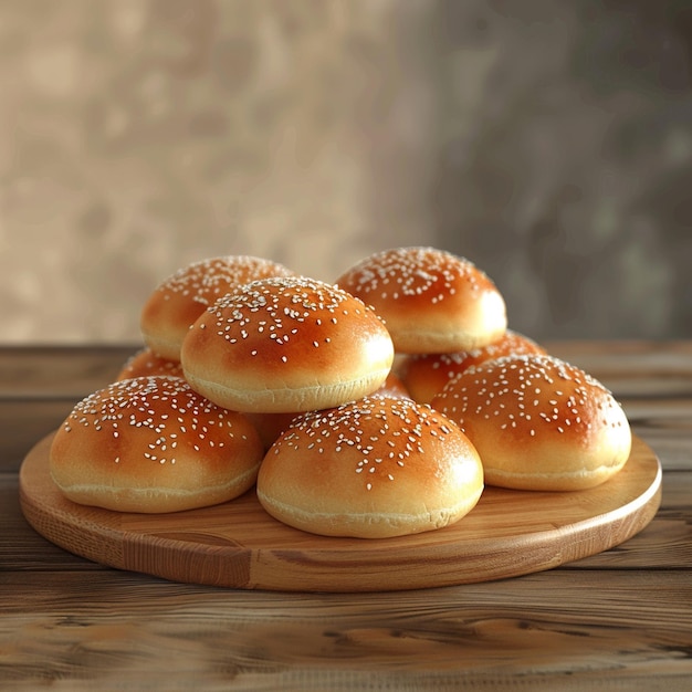 Baked goods staple hamburger buns on wooden tabled