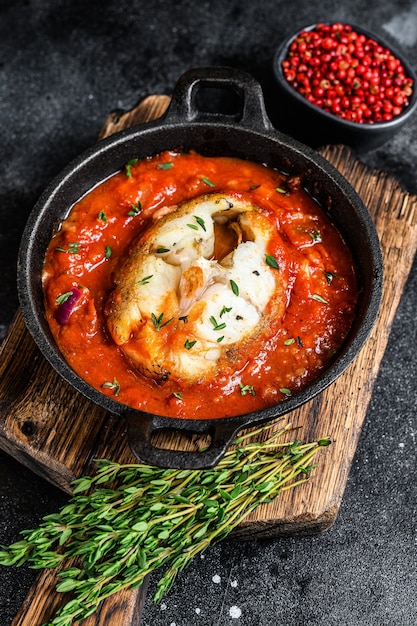 Baked hake white fish with tomato in a pan. Black background. Top view.